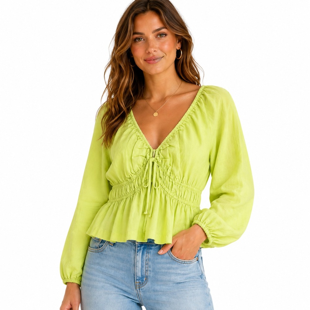 Universal Thread Peplum Top Women M Light Green Linen Blend Long Sleeve V-Neck